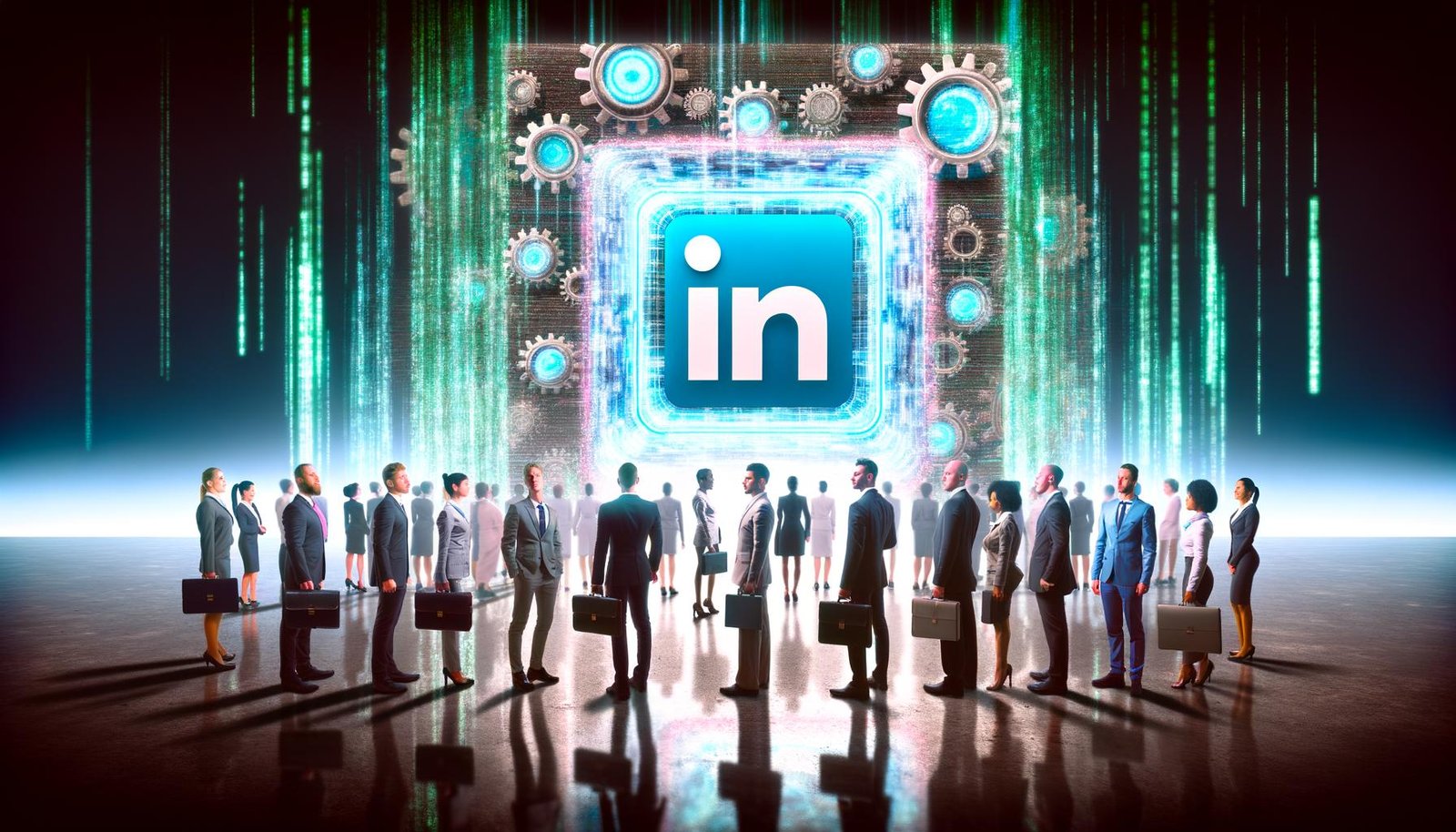 Illustrationen zeigen LinkedIn als digitale Arena mit Torwächtern, Algorithmen, Influencer-Taktikraum, Analyse-Tools und einer strategischen Landkarte durch Netzwerklabyrinthe. Weitere Motive sind Waagschalen mit Gatekeepern und Newcomern sowie ein strategischer Schachzug auf Datenfeldern.