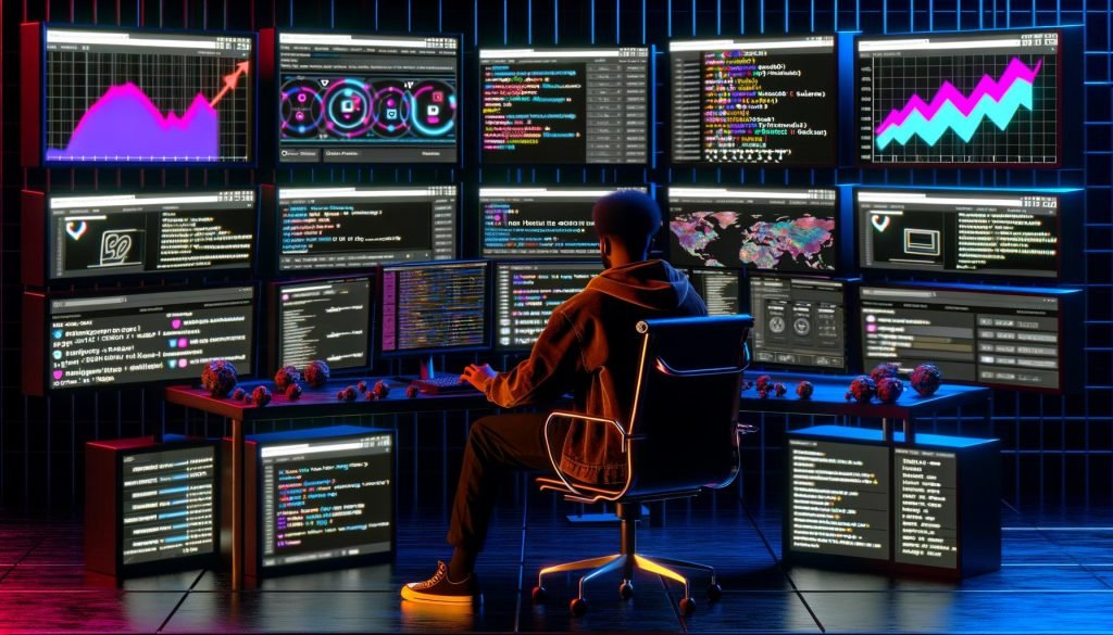 Person in urbaner Kleidung programmiert an mehreren Monitoren im Tech-Keller mit Social Media Plattformen, Datenströmen, Diagrammen und neonbeleuchtetem Ambiente.