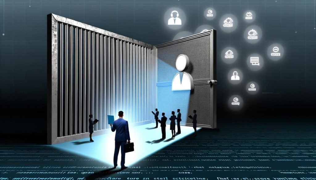 Digitale Illustration eines eleganten Metalltors, bewacht von einem LinkedIn-Bouncer. Draußen warten verschiedene Berufstätige, innen netzwerken Geschäftseliten im Licht. Im Hintergrund sind LinkedIn-Logos und Algorithmen erkennbar.