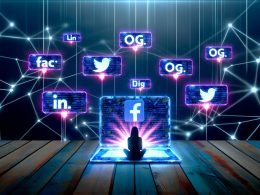 Fokusierter Content Creator vor einem leuchtenden Laptop, der Social Media Meta Tags zeigt, mit Icons von Facebook, LinkedIn, Twitter und Instagram, sowie digitalen Netzwerklinien für Reichweite im Hintergrund.