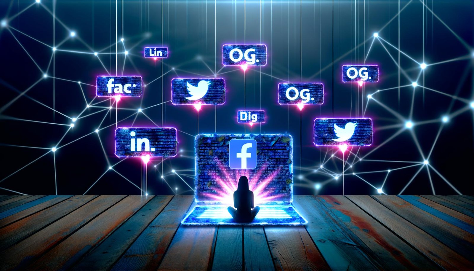 Fokusierter Content Creator vor einem leuchtenden Laptop, der Social Media Meta Tags zeigt, mit Icons von Facebook, LinkedIn, Twitter und Instagram, sowie digitalen Netzwerklinien für Reichweite im Hintergrund.