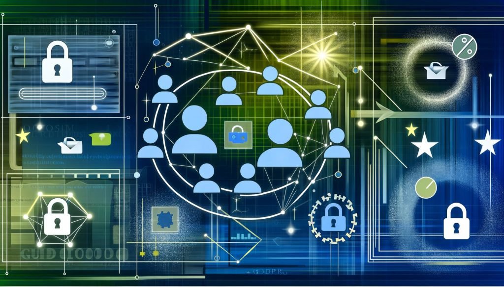Moderne Grafik von verbundenen Nutzer-Silhouetten, Datenströmen, Browserfenstern, Code und GDPR-Symbolen in datenschutzfreundlicher, cookieloser Umgebung.