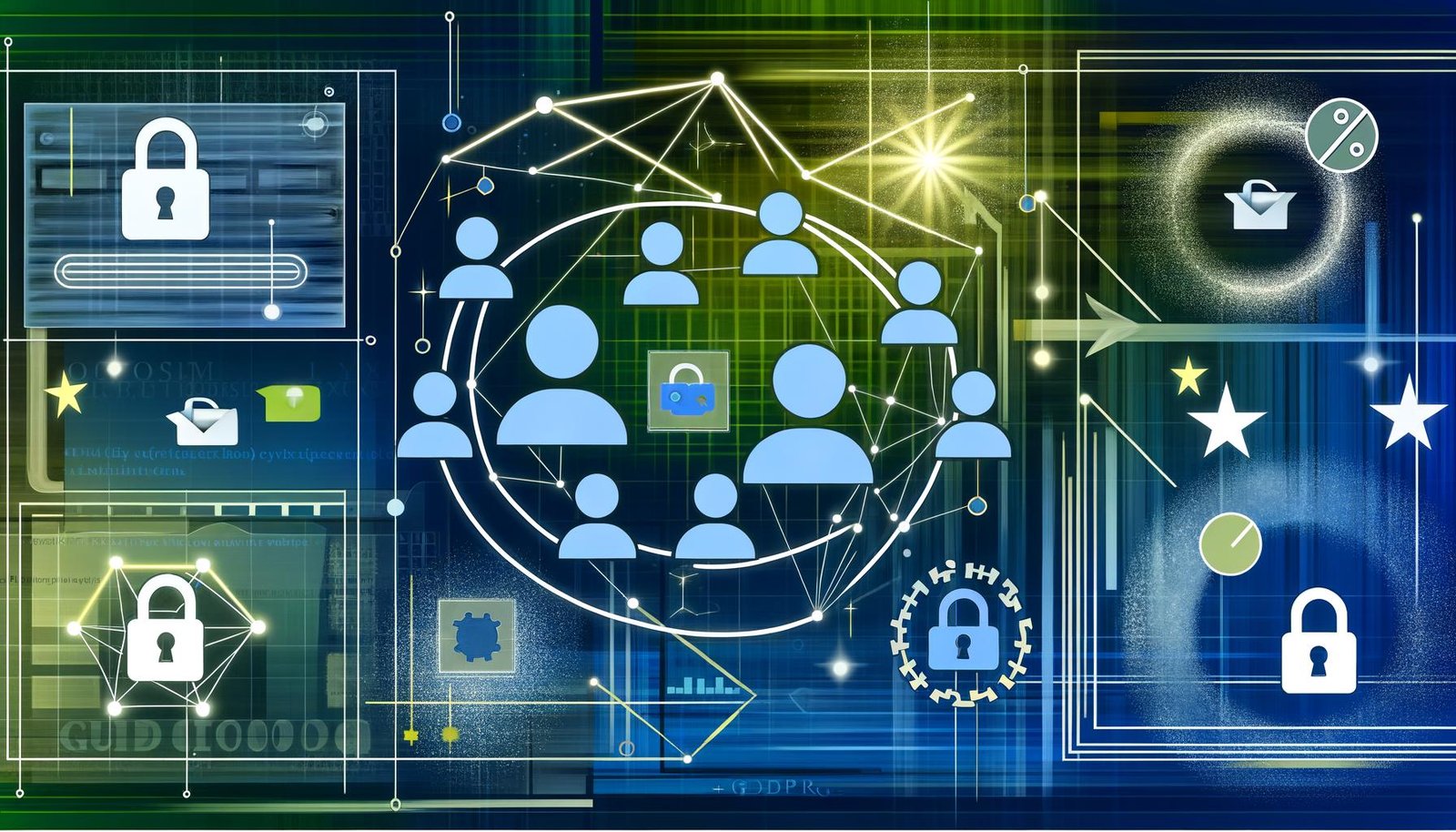 Moderne Grafik von verbundenen Nutzer-Silhouetten, Datenströmen, Browserfenstern, Code und GDPR-Symbolen in datenschutzfreundlicher, cookieloser Umgebung.