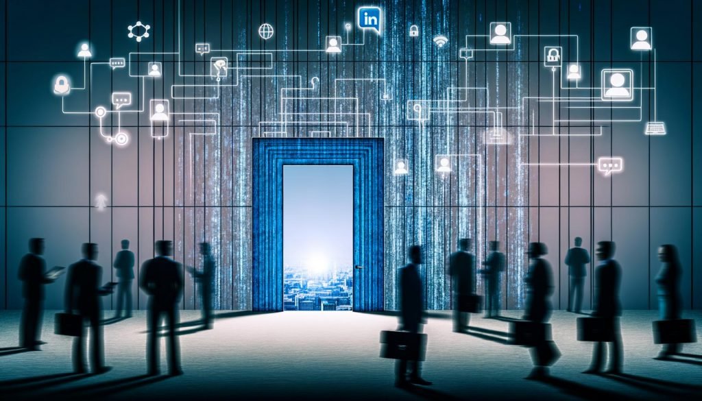 Metaphorische Darstellung des LinkedIn-Gatekeepings: Menschen vor verschlossenem, blau-grauen Tor mit dahinterliegender, gläserner Skyline aus Netzwerk-Icons und Chatblasen. Unscharfe Gatekeepers beobachten im Hintergrund.