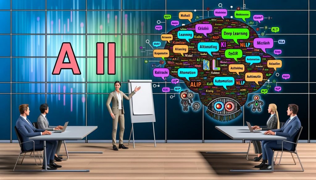 Illustration eines urbanen Meetingraums mit internationalem CEO, der 'AI' am Whiteboard präsentiert, und deutschem Manager mit 'KI' am Flipchart; bunte Sprechblasen mit Technologie-Buzzwords und digitale Netzwerke im Hintergrund.