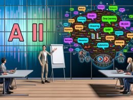 Illustration eines urbanen Meetingraums mit internationalem CEO, der 'AI' am Whiteboard präsentiert, und deutschem Manager mit 'KI' am Flipchart; bunte Sprechblasen mit Technologie-Buzzwords und digitale Netzwerke im Hintergrund.