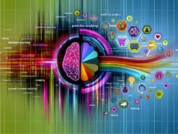 Abstraktes Titelbild mit farbigen Datenströmen, einem stilisierten Gehirn, Marketing-Symbolen und futuristischen Analyse-Schlagworten.