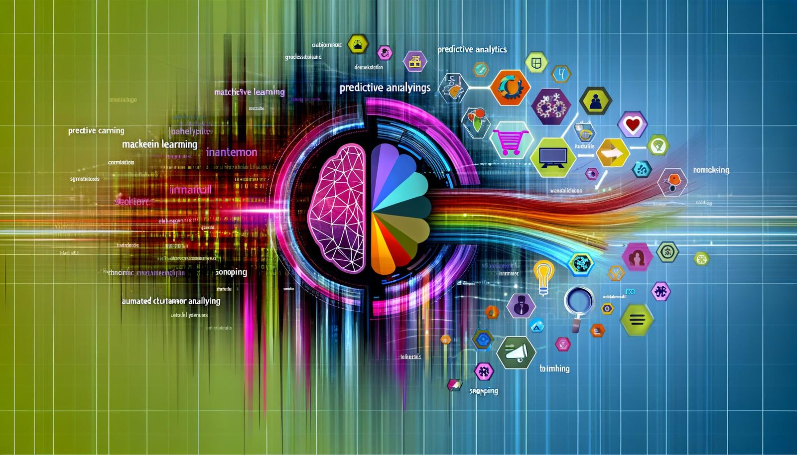 Abstraktes Titelbild mit farbigen Datenströmen, einem stilisierten Gehirn, Marketing-Symbolen und futuristischen Analyse-Schlagworten.
