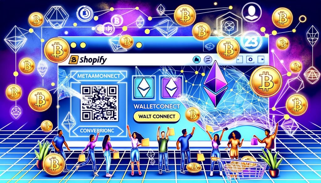 Illustration eines modernen Shopify-Onlineshops mit Kryptowährungs-Checkout via Wallet-Connect, Bitcoin- und Ethereum-Symbolen, QR-Code für Zahlungen, Conversion-Statistiken und einer vielfältigen, begeisterten Kundengruppe in einer futuristischen, blockchain-geprägten Umgebung.