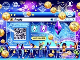 Illustration eines modernen Shopify-Onlineshops mit Kryptowährungs-Checkout via Wallet-Connect, Bitcoin- und Ethereum-Symbolen, QR-Code für Zahlungen, Conversion-Statistiken und einer vielfältigen, begeisterten Kundengruppe in einer futuristischen, blockchain-geprägten Umgebung.