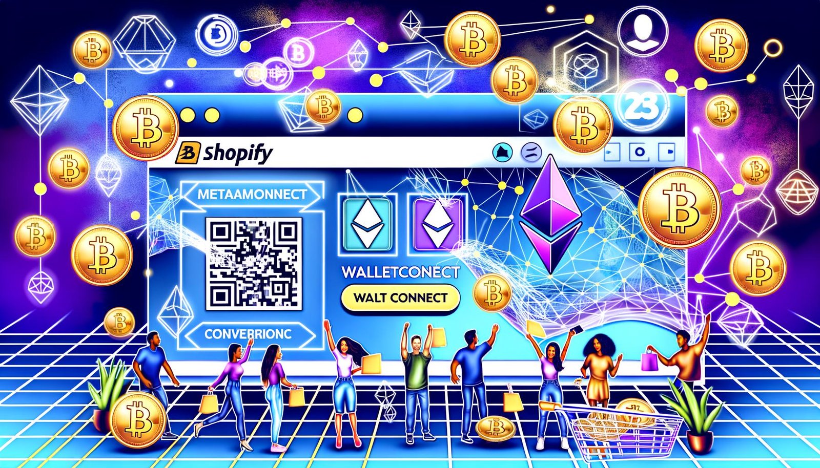 Illustration eines modernen Shopify-Onlineshops mit Kryptowährungs-Checkout via Wallet-Connect, Bitcoin- und Ethereum-Symbolen, QR-Code für Zahlungen, Conversion-Statistiken und einer vielfältigen, begeisterten Kundengruppe in einer futuristischen, blockchain-geprägten Umgebung.