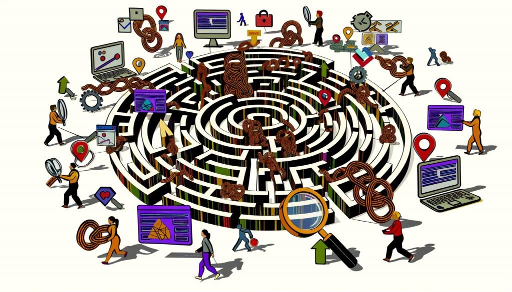Illustration eines Google-Logos als Labyrinth aus komplexen URL-Pfaden und SEO-Problemen wie Meta-Tag-Fehlern, Duplicate Content und Serverfehlern, analysiert von SEO-Teams mit Laptops und Analysediagrammen.