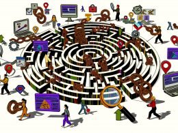 Illustration eines Google-Logos als Labyrinth aus komplexen URL-Pfaden und SEO-Problemen wie Meta-Tag-Fehlern, Duplicate Content und Serverfehlern, analysiert von SEO-Teams mit Laptops und Analysediagrammen.