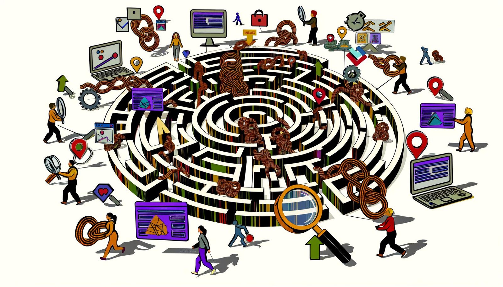 Illustration eines Google-Logos als Labyrinth aus komplexen URL-Pfaden und SEO-Problemen wie Meta-Tag-Fehlern, Duplicate Content und Serverfehlern, analysiert von SEO-Teams mit Laptops und Analysediagrammen.