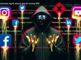 Futuristisches Titelbild mit einem vermummten Hacker vor dunklem Hintergrund, Social-Media-Logos, goldenen und silbernen Datenströmen, roten Warnsymbolen und dem Titel „Die bittere Wahrheit über Data Mining 2025“.