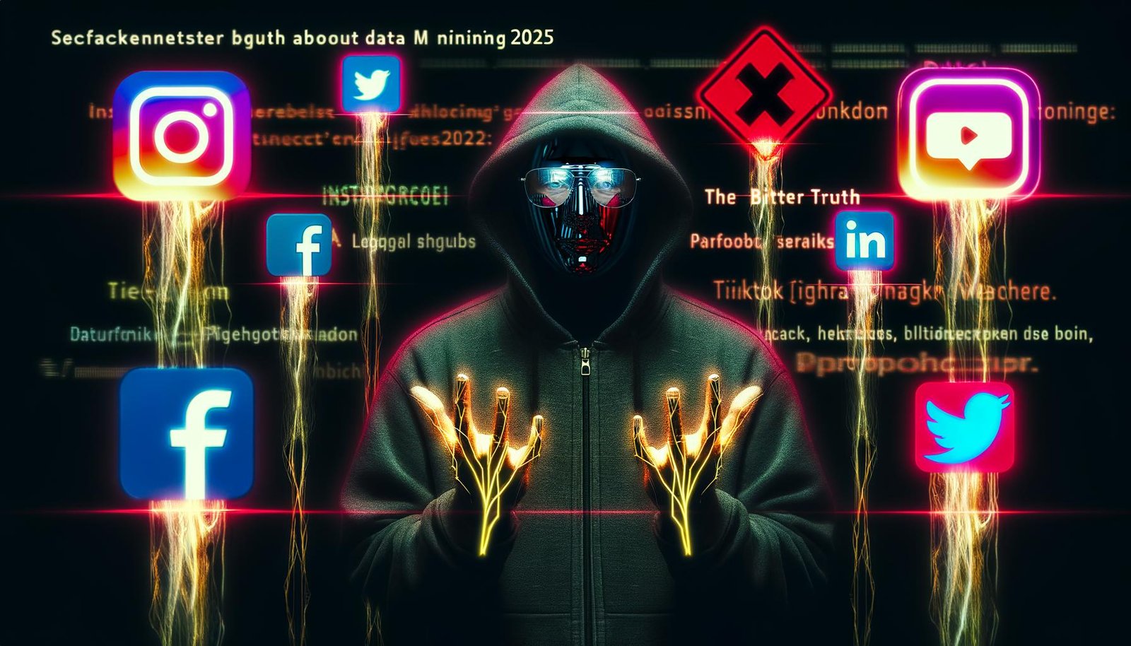 Futuristisches Titelbild mit einem vermummten Hacker vor dunklem Hintergrund, Social-Media-Logos, goldenen und silbernen Datenströmen, roten Warnsymbolen und dem Titel „Die bittere Wahrheit über Data Mining 2025“.