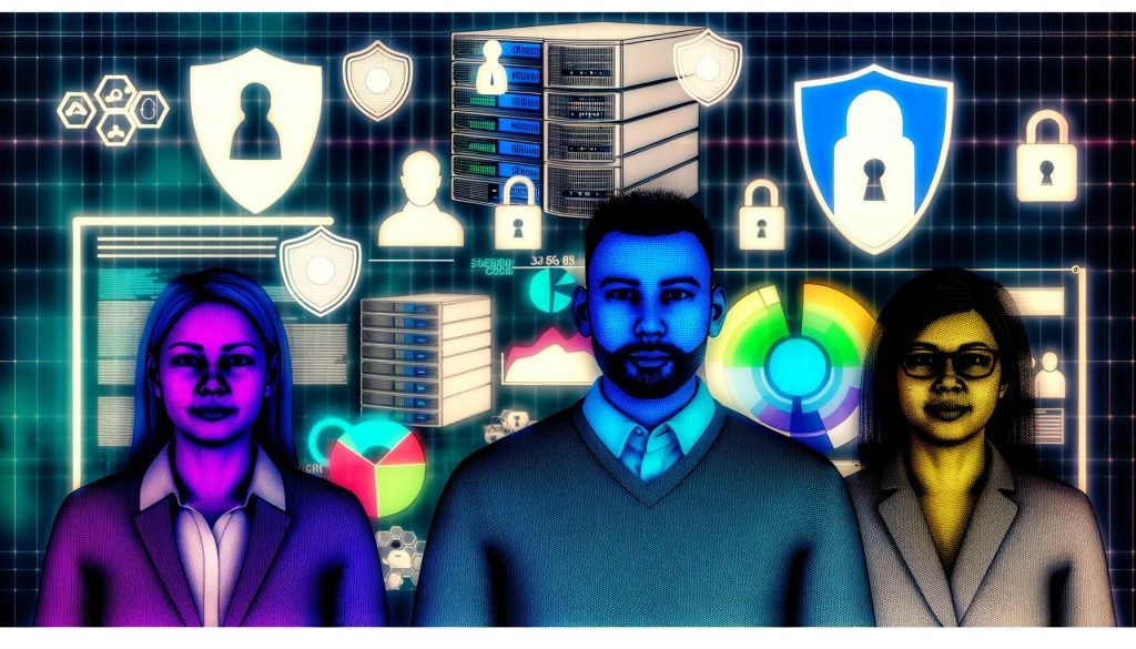 Moderne Illustration von Marketern vor einem großen Dashboard mit anonymisierten Analysedaten, umgeben von Sicherheits- und Datenschutzsymbolen sowie Elementen zu serverseitigem Tracking.