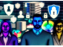 Moderne Illustration von Marketern vor einem großen Dashboard mit anonymisierten Analysedaten, umgeben von Sicherheits- und Datenschutzsymbolen sowie Elementen zu serverseitigem Tracking.