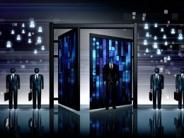 Stilisiertes digitales Stadttor mit blauen und silbernen Lichtern, gesichtslose algorithmische Wächter und im Hintergrund Geschäftsleute sowie LinkedIn-Logos hinter digitalen Barrieren.