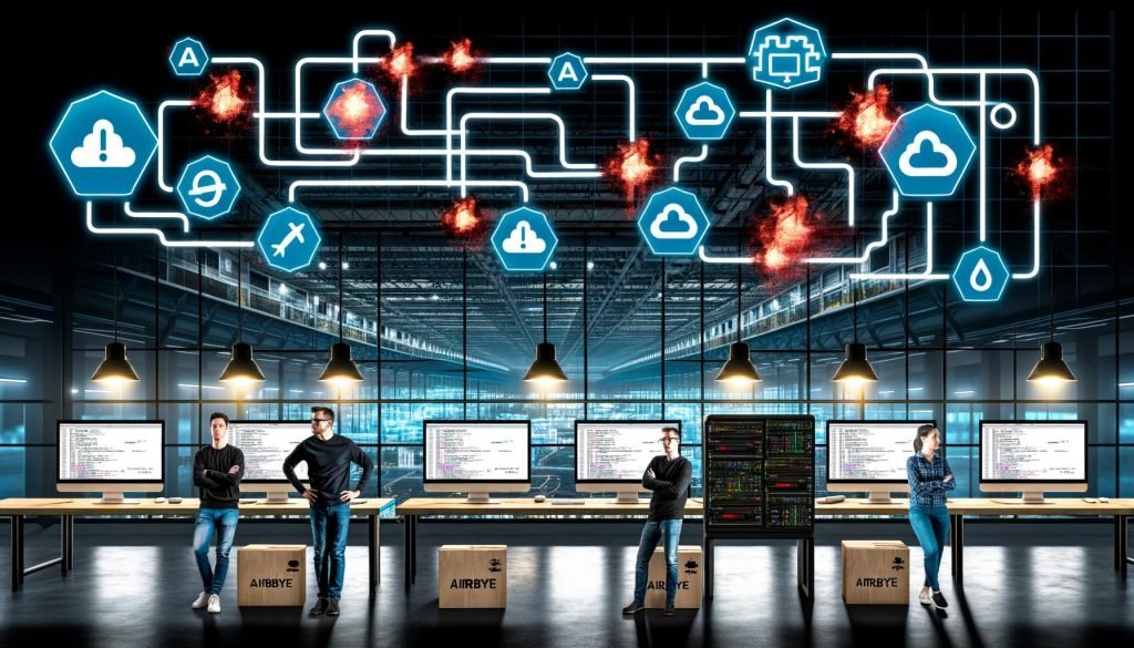 Collage aus Data Engineering Symbolen, Airbyte-Pipelines mit Fehler-Icons, Data Engineers im Monitoring Command Center, Infografiken zu Error-Handling-Mustern sowie einer kontrastreichen Brückenmetapher für professionelles Datenmanagement.