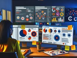 Marketerin arbeitet konzentriert an mehreren Monitoren mit Dashboards, Analysen, Heatmaps und Customer Journey Maps in einer modernen Marketing-Agentur.