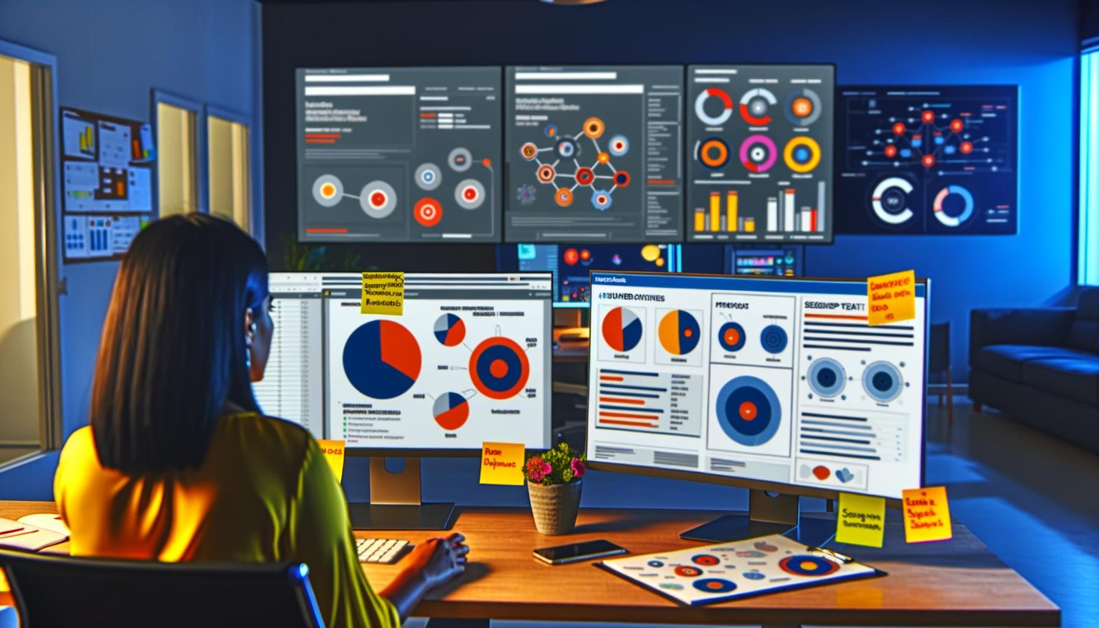 Marketerin arbeitet konzentriert an mehreren Monitoren mit Dashboards, Analysen, Heatmaps und Customer Journey Maps in einer modernen Marketing-Agentur.