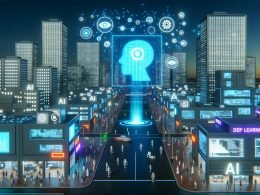 Futuristische nächtliche Stadt mit leuchtendem KI-Hologramm, Glasfassaden und symbiotischem Zusammenspiel von Menschen, Robotern und digitalen Avataren vor einer Kulisse pulsierender Datenströme und Algorithmen