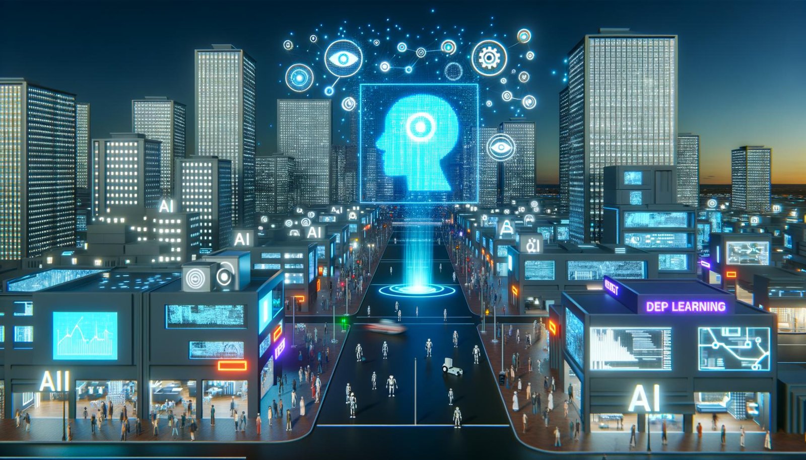 Futuristische nächtliche Stadt mit leuchtendem KI-Hologramm, Glasfassaden und symbiotischem Zusammenspiel von Menschen, Robotern und digitalen Avataren vor einer Kulisse pulsierender Datenströme und Algorithmen