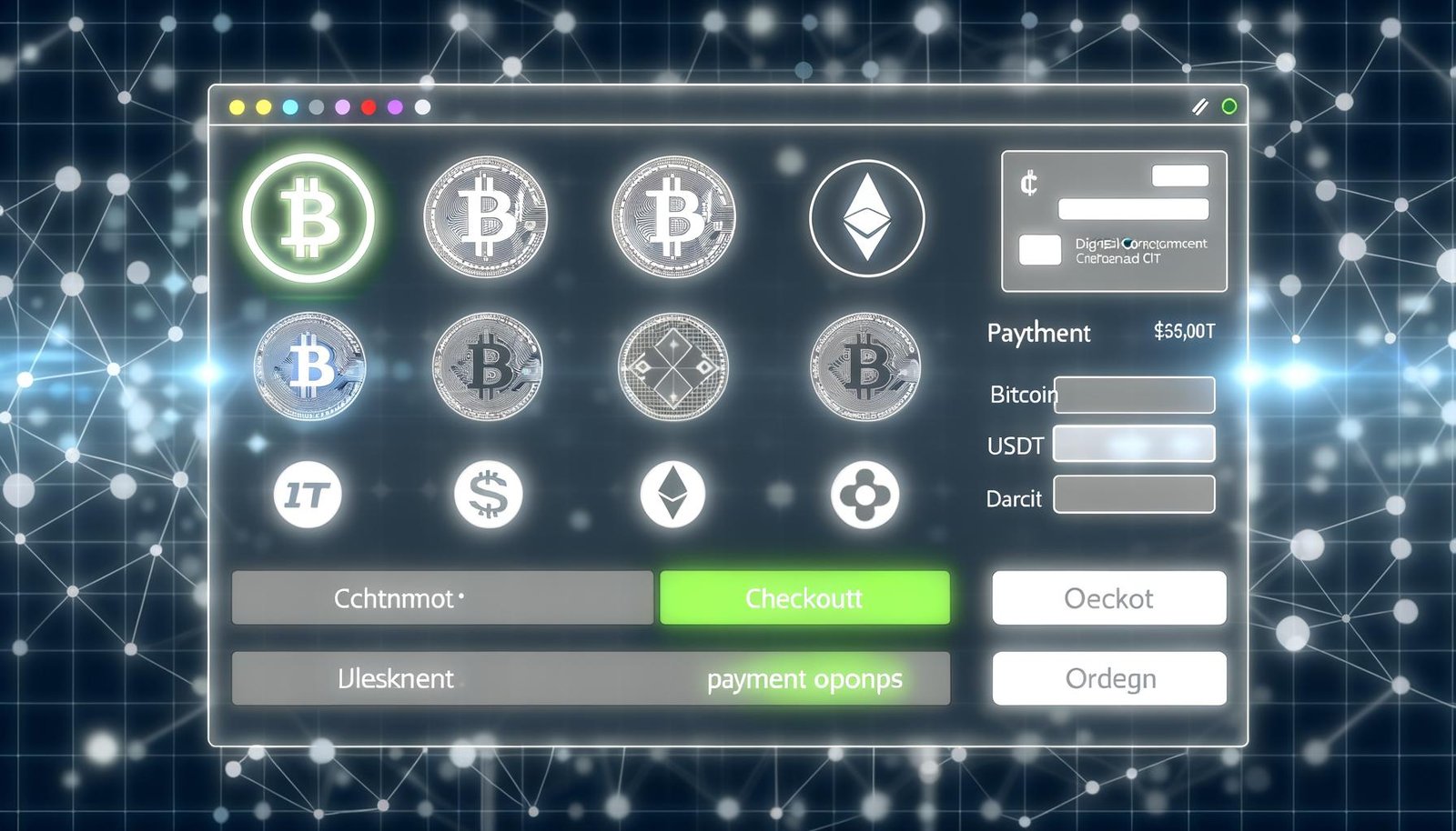 Shopify-Shop-Checkout-Seite mit Auswahl an Krypto-Zahlungen wie Bitcoin, Ethereum, USDT sowie PayPal und Kreditkarten, moderner und vertrauenswürdiger Look mit Blockchain-Elementen.