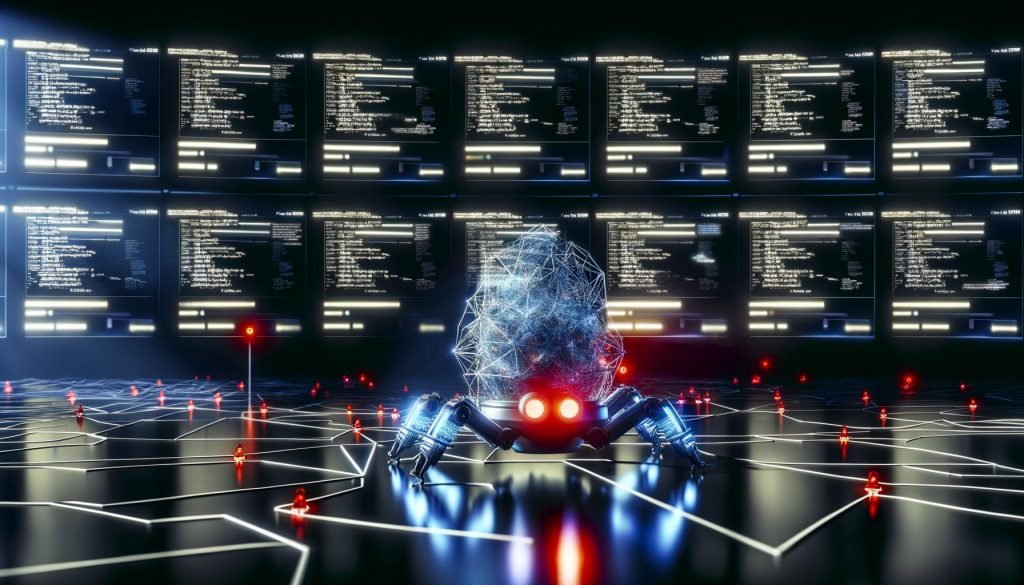 Futuristischer Kontrollraum mit KI-Gehirn analysiert Datenströme, Website-Traffic und Error-Meldungen, während digitale Spinne SEO-Probleme im Kabelnetz aufdeckt.