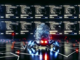 Futuristischer Kontrollraum mit KI-Gehirn analysiert Datenströme, Website-Traffic und Error-Meldungen, während digitale Spinne SEO-Probleme im Kabelnetz aufdeckt.