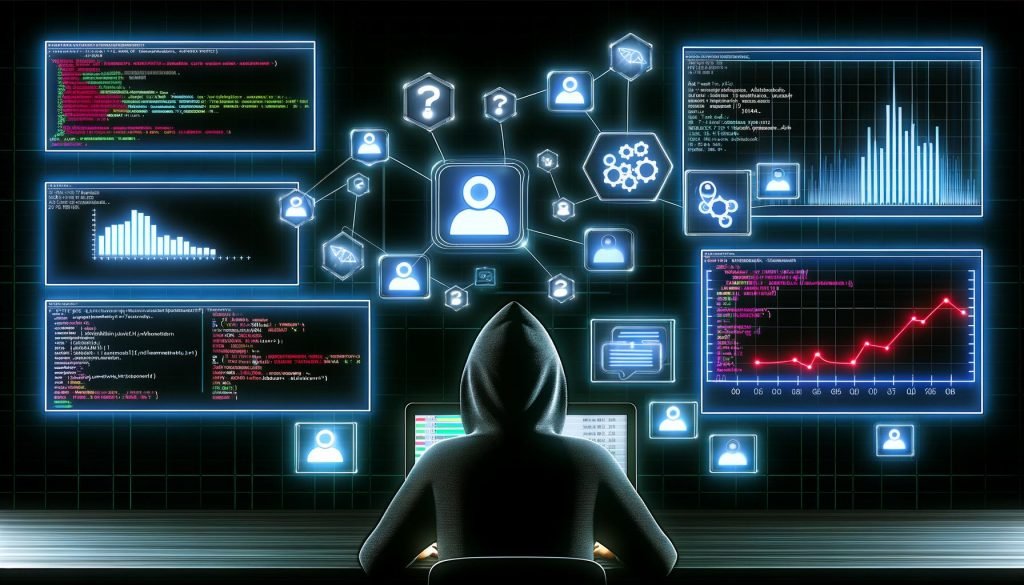 Technische Illustration eines modernen Dashboards mit Social-Media-Monitoring, Codeanzeige, Netzwerkverbindungen und einer konzentrierten Person am Laptop im Vordergrund.