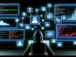 Technische Illustration eines modernen Dashboards mit Social-Media-Monitoring, Codeanzeige, Netzwerkverbindungen und einer konzentrierten Person am Laptop im Vordergrund.