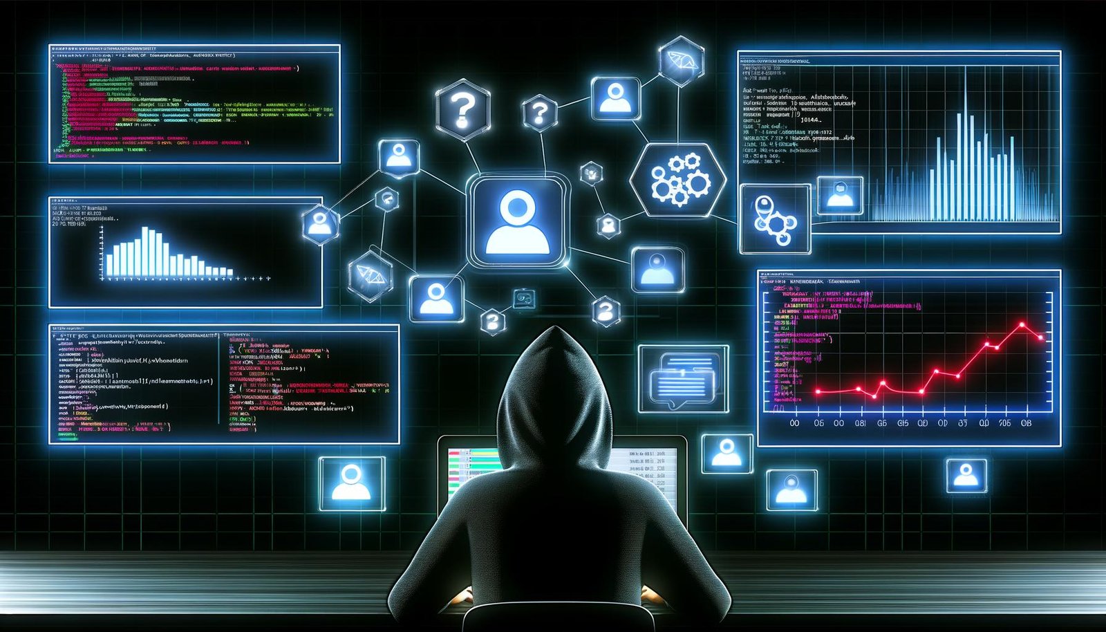 Technische Illustration eines modernen Dashboards mit Social-Media-Monitoring, Codeanzeige, Netzwerkverbindungen und einer konzentrierten Person am Laptop im Vordergrund.