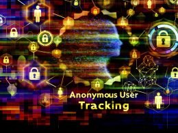Konzeptuelle Darstellung mit schwebendem Schriftzug „Anonymous User Tracking“, facettenreichen, transparenten Layern, menschlichen Silhouetten sowie Datenschutz- und Marketing-Icons, energiegeladen und visionär gestaltet.