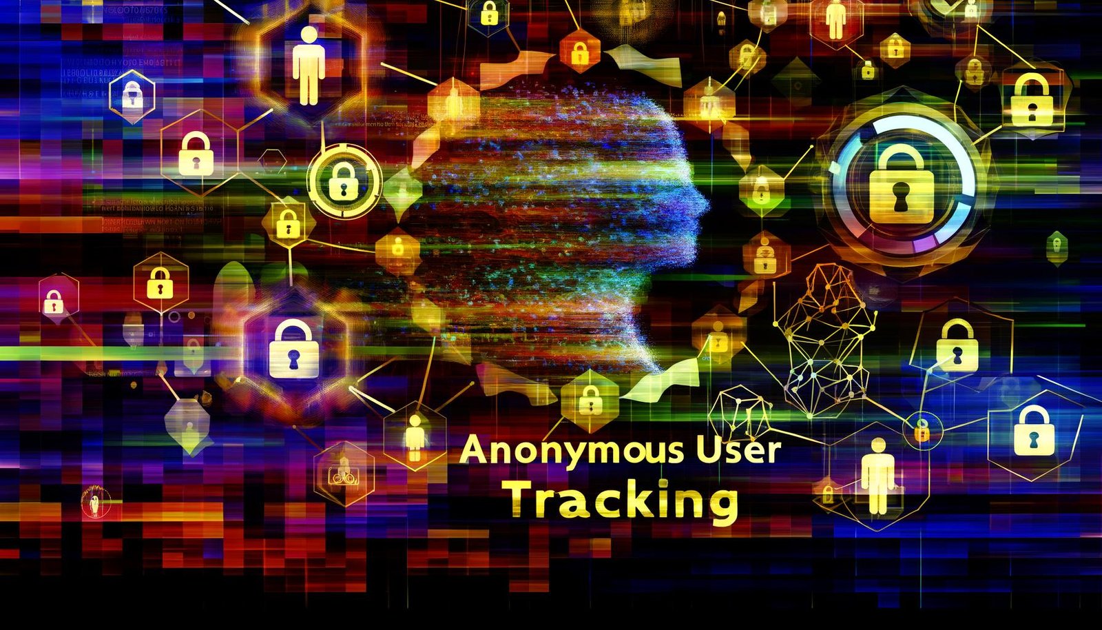 Konzeptuelle Darstellung mit schwebendem Schriftzug „Anonymous User Tracking“, facettenreichen, transparenten Layern, menschlichen Silhouetten sowie Datenschutz- und Marketing-Icons, energiegeladen und visionär gestaltet.