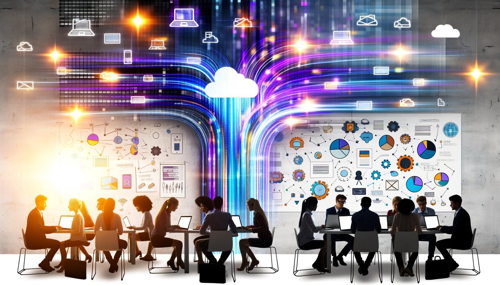Dynamisches Titelbild mit diversen Menschen, die im lichtdurchfluteten Büro an digitalen Geräten arbeiten. Über ihren Köpfen schweben digitale Datenströme und verbinden verschiedene Plattformen, dazu Charts und technische Interface-Overlays im Hintergrund.