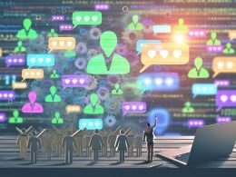 Dynamische Illustration einer LinkedIn-Kommentarspalte am Laptop mit farbigen Kommentarblasen, verschiedenen Avataren und Symbolen für Algorithmen und Netzwerke im Hintergrund.