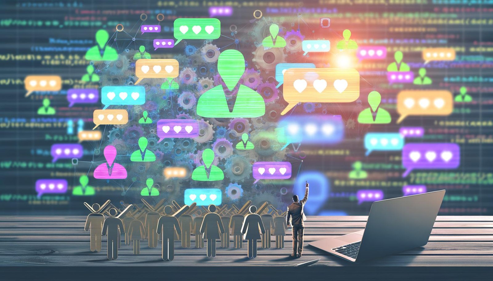 Dynamische Illustration einer LinkedIn-Kommentarspalte am Laptop mit farbigen Kommentarblasen, verschiedenen Avataren und Symbolen für Algorithmen und Netzwerke im Hintergrund.