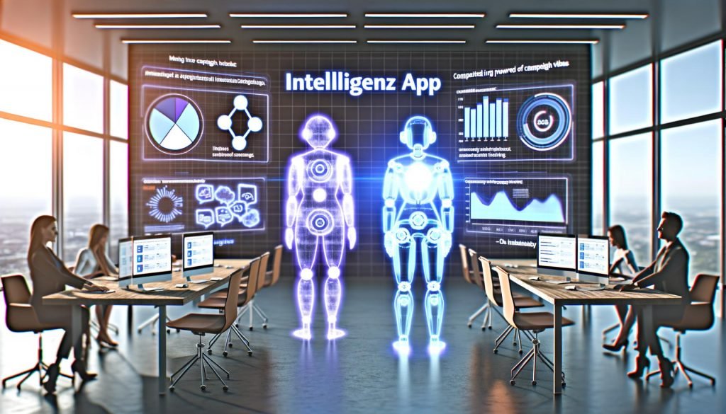 Futuristisches Büro mit Marketern, die an holografischen Intelligenz App Interfaces arbeiten, unterstützt von einem humanoiden Roboter vor digitalen Dashboards.