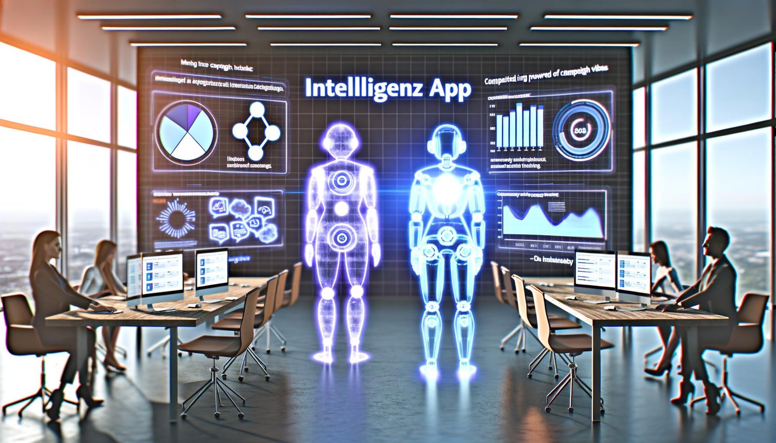 Futuristisches Büro mit Marketern, die an holografischen Intelligenz App Interfaces arbeiten, unterstützt von einem humanoiden Roboter vor digitalen Dashboards.