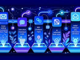 Moderne digitale Illustration einer Shopify-Shop-Oberfläche bei Nacht mit fünf farbenfrohen Funnel-Stufen, dynamischen Icons, App-Logos und vernetztem Datenfluss.