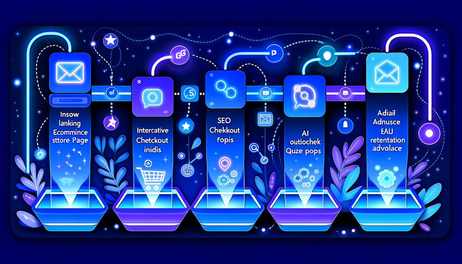 Moderne digitale Illustration einer Shopify-Shop-Oberfläche bei Nacht mit fünf farbenfrohen Funnel-Stufen, dynamischen Icons, App-Logos und vernetztem Datenfluss.