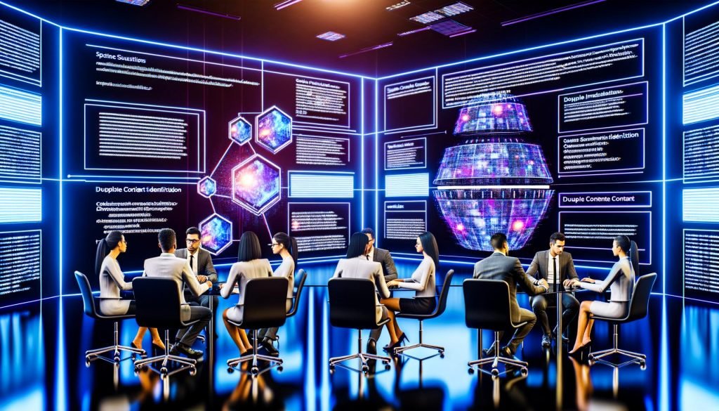 Futuristisches Büro mit SEO- und Datenexperten vor Wandbildschirmen, die Content-Cluster und Duplicate Content Metrics anzeigen; überlagert von einem schematischen, leuchtenden neuronalen Netzwerk.