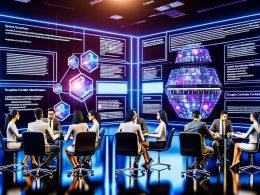 Futuristisches Büro mit SEO- und Datenexperten vor Wandbildschirmen, die Content-Cluster und Duplicate Content Metrics anzeigen; überlagert von einem schematischen, leuchtenden neuronalen Netzwerk.