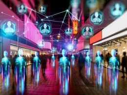 Anonyme Menschen mit futuristischen Masken laufen bei Nacht durch eine neonbeleuchtete Stadt, ihre Schatten mutieren zu digitalen Linien und Mustern, Symbole für Datenschutz und Analyse schweben im Hintergrund.