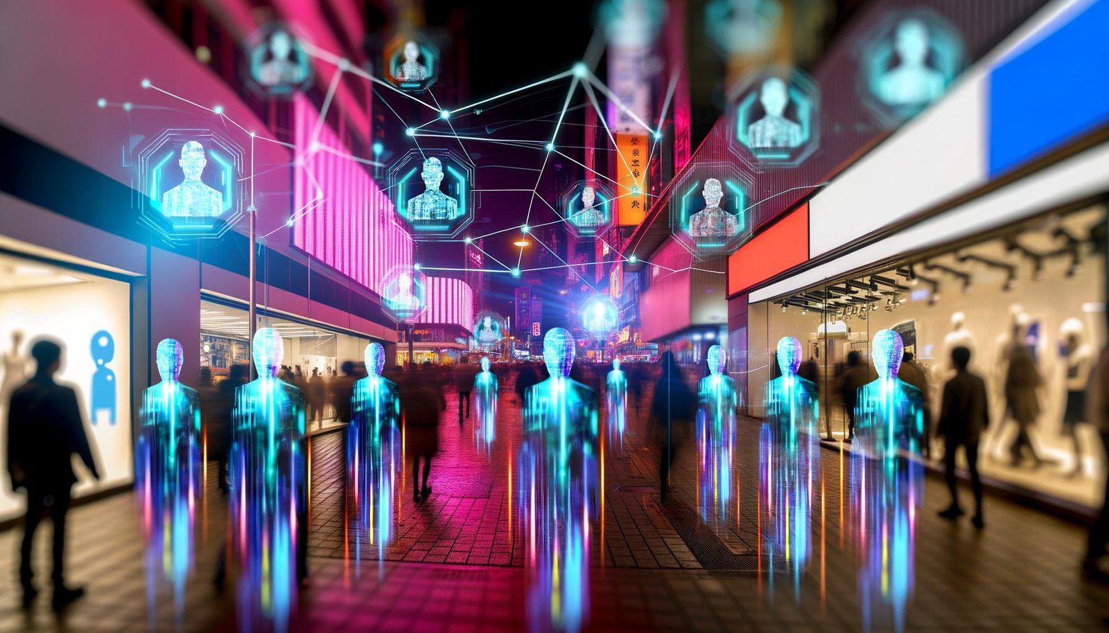 Anonyme Menschen mit futuristischen Masken laufen bei Nacht durch eine neonbeleuchtete Stadt, ihre Schatten mutieren zu digitalen Linien und Mustern, Symbole für Datenschutz und Analyse schweben im Hintergrund.