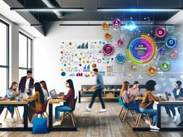 Modernes Großraumbüro mit Marketers, Laptops und bunten Diagrammen, Datenvisualisierungen auf großem Bildschirm, und digitalen Symbolen für KI, Web Analytics und Big Data als Overlays.