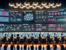 Futuristischer Kontrollraum mit großen digitalen Bildschirmen, die Marketingmetriken und Arbeitsabläufe zeigen, umgeben von Technikern und fortschrittlicher digitaler Ausstattung.