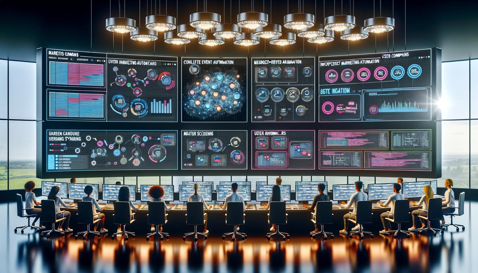 Futuristischer Kontrollraum mit großen digitalen Bildschirmen, die Marketingmetriken und Arbeitsabläufe zeigen, umgeben von Technikern und fortschrittlicher digitaler Ausstattung.